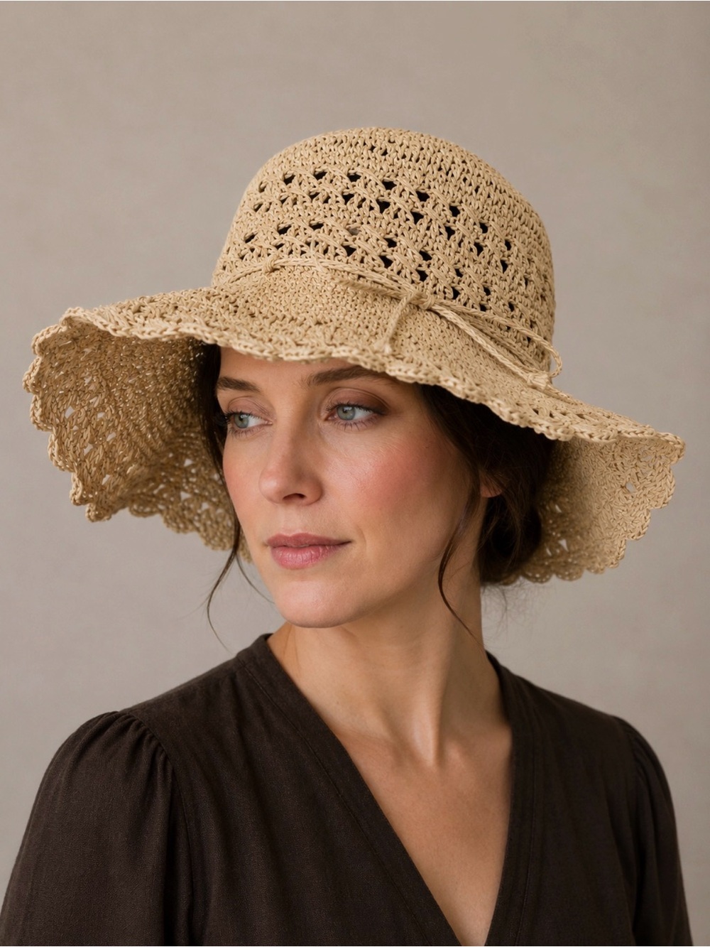 Women's Crochet Sun Hat in Beige - Lightweight Beach Hat